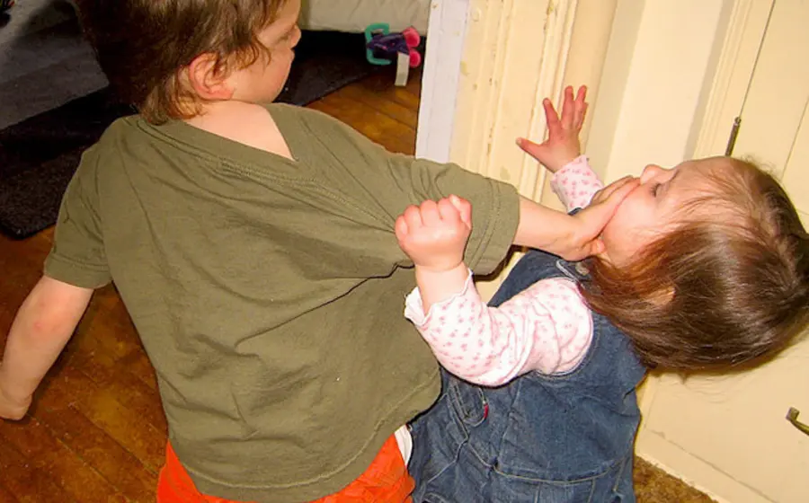 Niña y niño peleando.