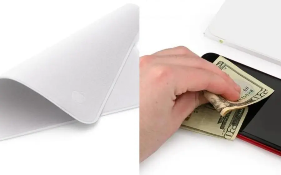 El paño está conformado por una tela de microfibra y es anunciado para limpiar manchas y huellas dactilares de celular y “de cualquier pantalla de Apple, incluido vidrio de nanotextura”.
