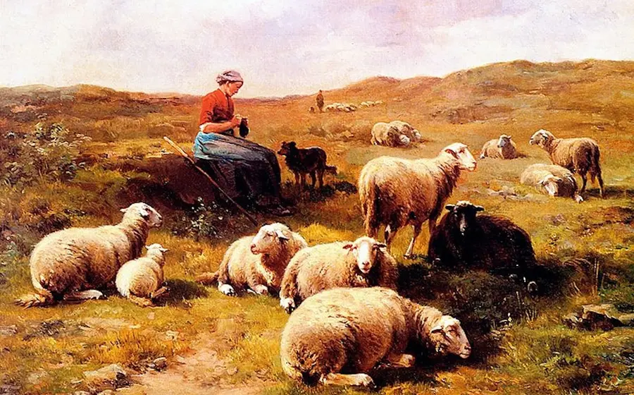 Pintura de pastora con ovejas