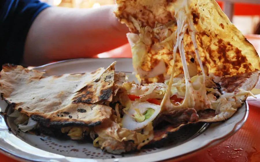 La tlayuda se acompaña con chepiche, guajes, chiles toreados, pepinos y otras guarniciones, incluye repollo o lechuga, cecina, costilla, chorizo o tasajo. 