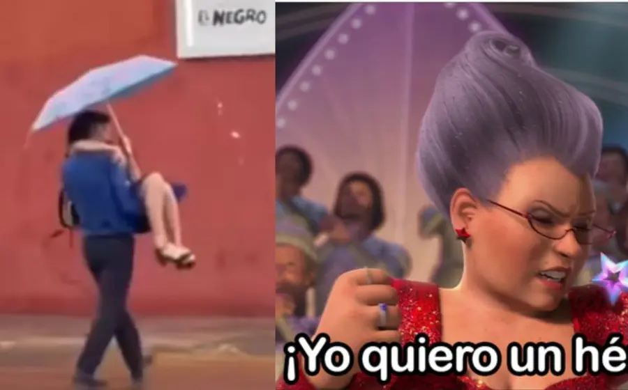 caballero carga a mujer bajo la lluvia en Oaxaca
