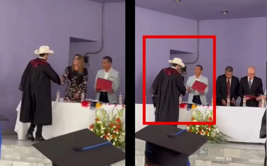 Joven cambia su birrete por sombrero en ceremonia de graduación