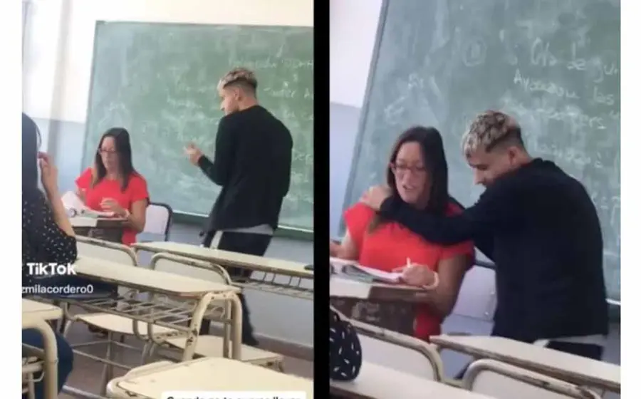 El joven aparece avanzando hacia el escritorio de su maestra a manera de conquista y se pone a bailar.