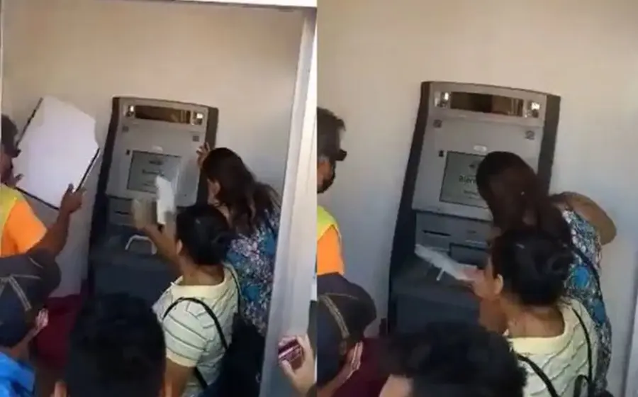 Derechohabientes deciden echarle aire con la mano a un cajero automático para que siguiera funcionando.