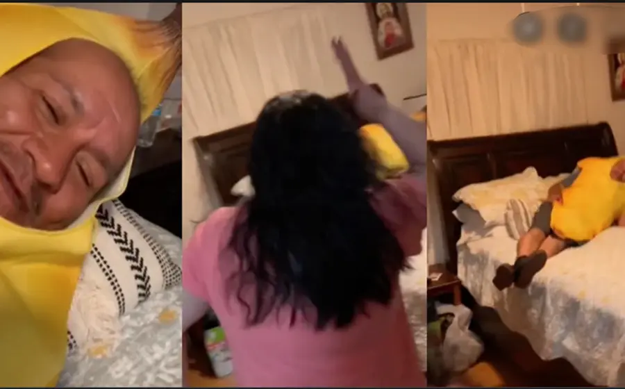 La mujer ingresa en la recámara y encuentra a su esposo recostado de forma “sexy”.