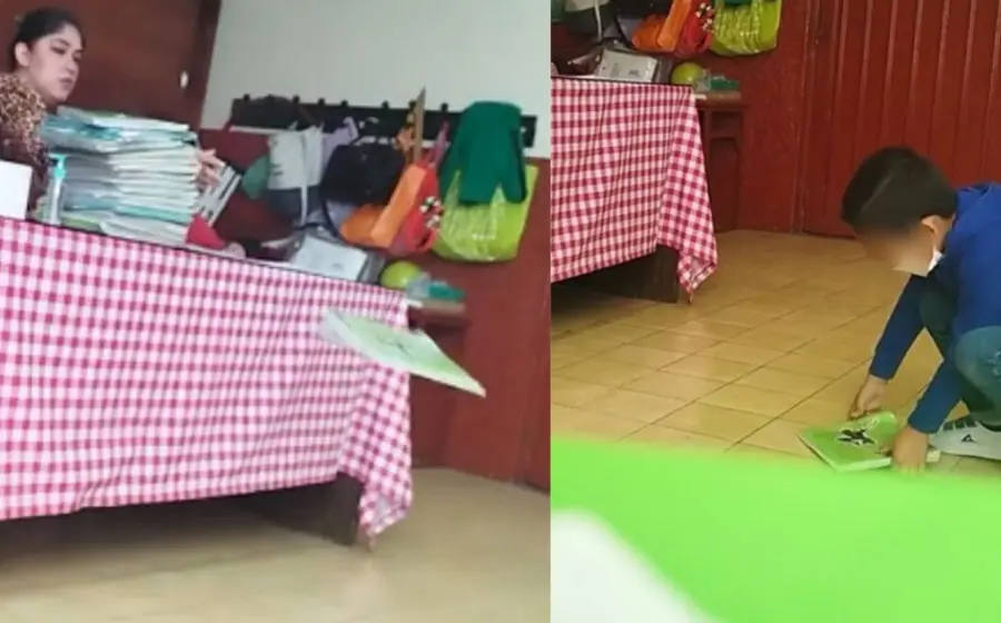 maesta_arroja_piso_libretas_niños_escuela