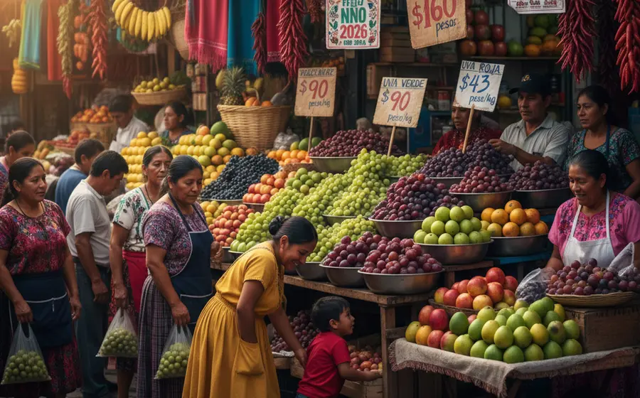 Un puesto exhibe racimos de uvas frescas, destacando el significativo aumento de su precio para la tradicional celebración de los 12 deseos de Año Nuevo.