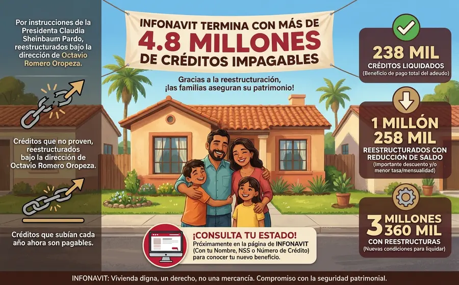 Infografía de INFONAVIT sobre la reestructuración de 4.8 millones de créditos impagables.