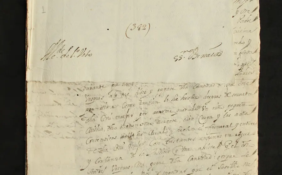 Carátula del documento de la demanda legal interpuesta por Juan Manuel de Angulo contra Andrés Vasques referente a una dote prometida.