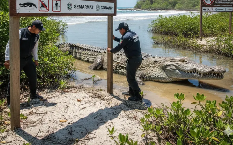 El hábitat natural de cocodrilos en una playa de Oaxaca se encuentra bajo vigilancia por una alerta emitida para proteger a locales y turistas.