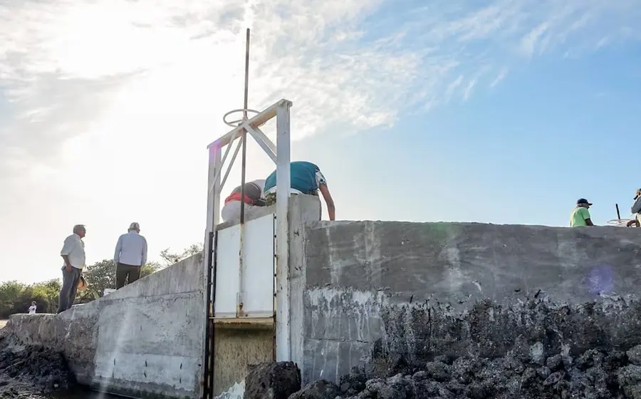 Trabajos de construcción de la nueva compuerta estratégica en la laguna Santa Cruz, una obra que beneficiará a más de mil pescadores locales.