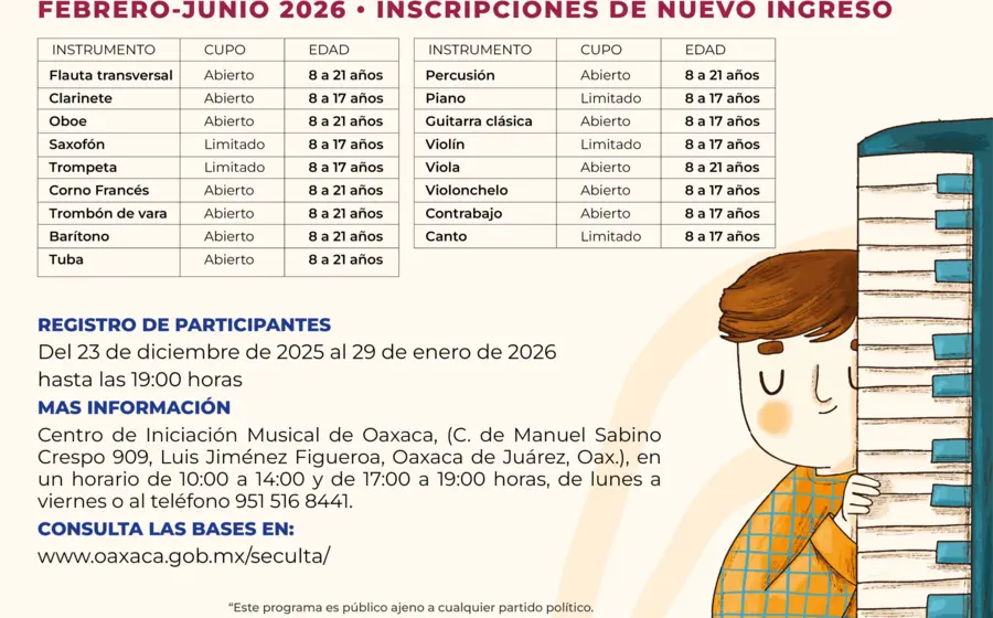 Cartel oficial de la convocatoria para las inscripciones al Centro de Iniciación Musical de Oaxaca (CIMO) para el ciclo 2026.