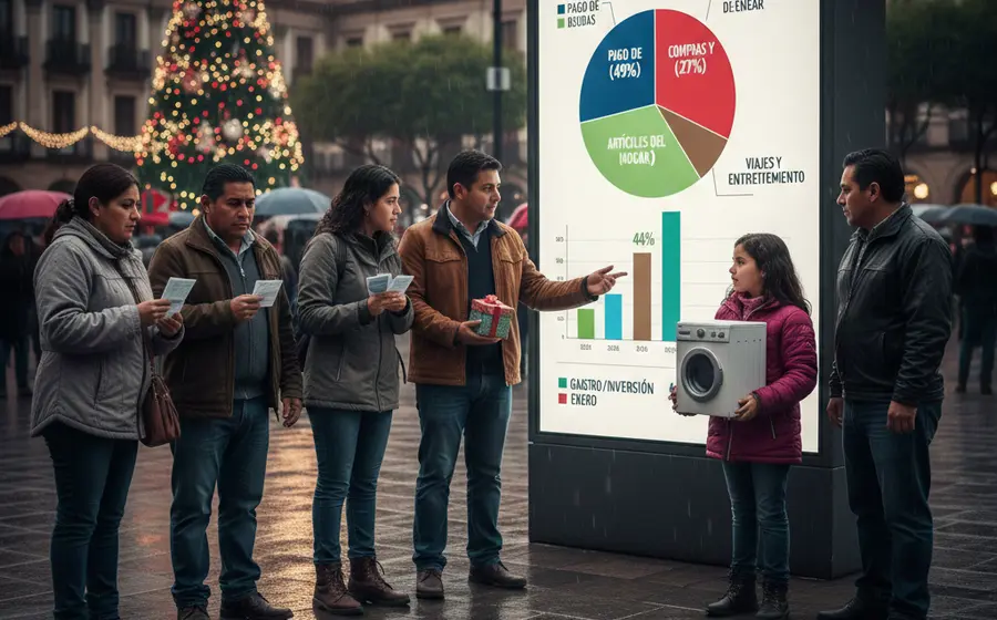Ilustración del aguinaldo en México que se destina principalmente al pago de deudas con tarjetas de crédito y préstamos, en lugar del ahorro.