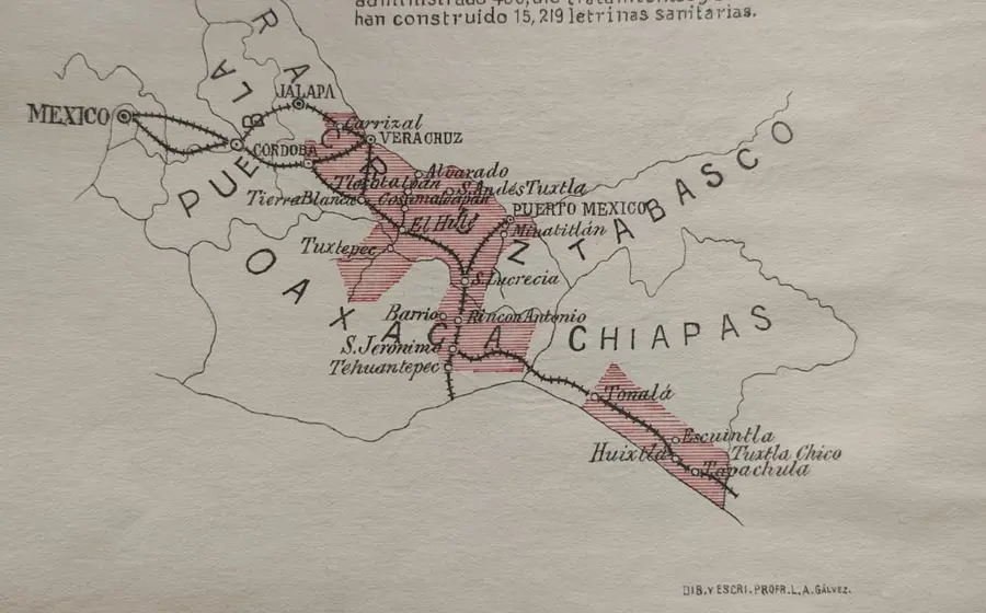 Mapa histórico de 1924 que muestra las áreas geográficas donde se aplicaron tratamientos para combatir la uncinariasis en el Siglo XX.