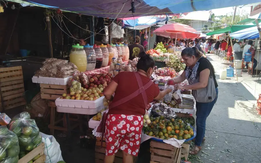 Personas comprando ingredientes frescos en el Mercado de Tehuantepec, mientras se preparan para la tradicional cena familiar de fin de año.