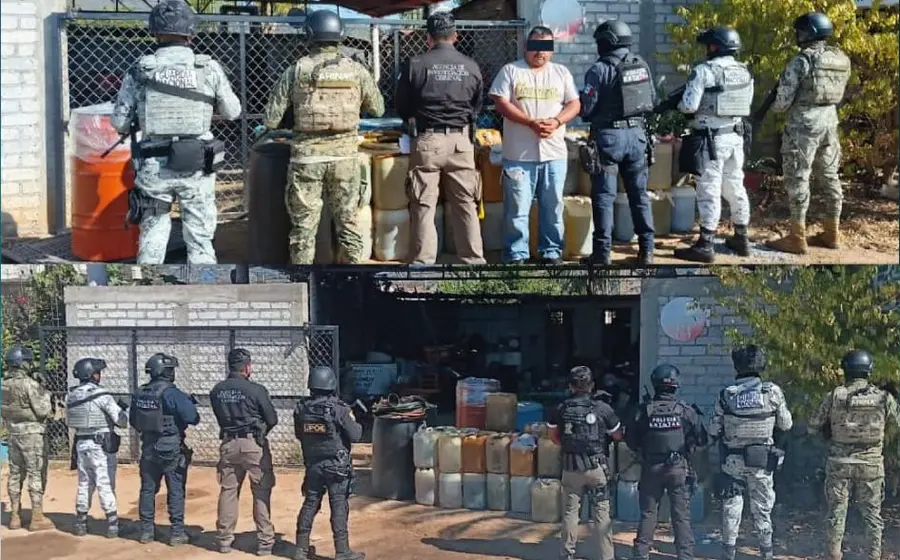 Vista del operativo en San Miguel Ejutla, Oaxaca, donde se aseguraron hidrocarburos, vehículos y equipo de vigilancia en un domicilio particular.