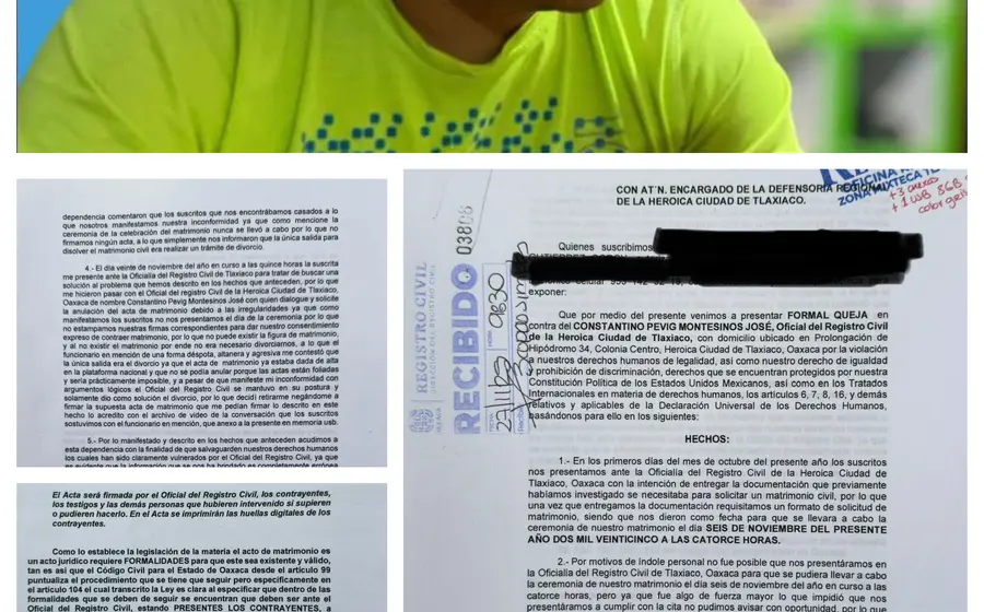 Imagen de redes sociales que muestra los testimonios de una pareja acusando al registro civil de Tlaxiaco por una boda 'fantasma' no autorizada.