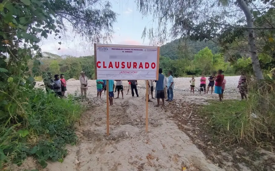 Sellos de clausura de la Profepa colocados en una propiedad como parte de un operativo contra actividades ilegales en ecosistemas costeros y ribereños.