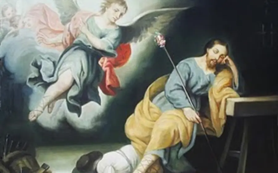 Representación artística de San José durmiendo, mientras recibe en sueños el mensaje divino sobre el embarazo de la Virgen María.