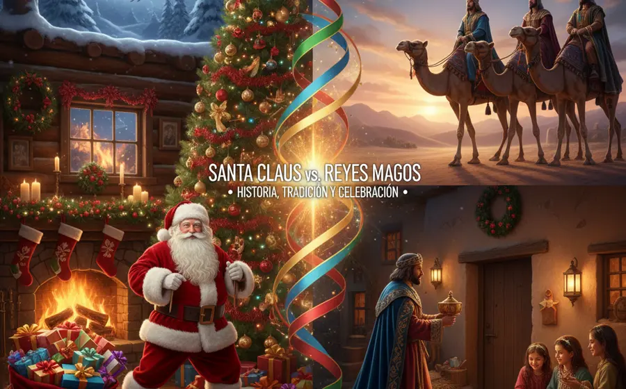 Una ilustración comparativa de Santa Claus y los Tres Reyes Magos, representando la elección entre ambas tradiciones de regalos durante la celebración de Navidad.