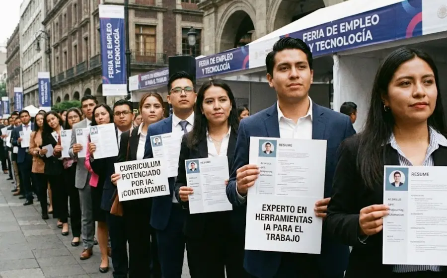 Ilustración de un proceso de reclutamiento donde candidatos y empresas se adaptan al uso de la inteligencia artificial para la selección de personal.