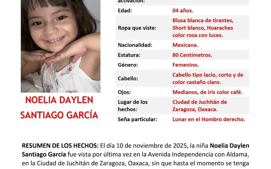 Fotografía de Noelia, la menor de edad que fue reportada como desaparecida y posteriormente localizada sin vida en Juchitán, Oaxaca.