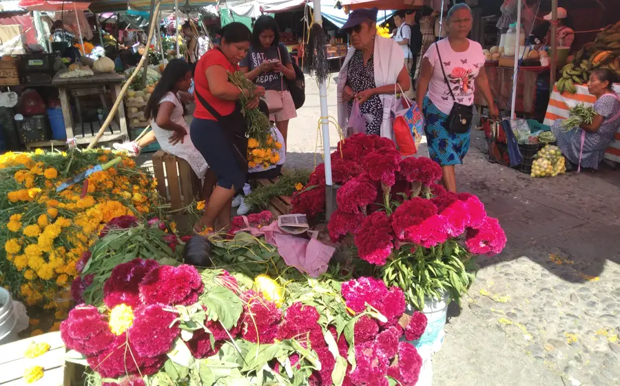 Clientes eligen frutas y comida tradicional en un puesto del mercado durante la vendimia de Día de Muertos, que impulsa la economía local.