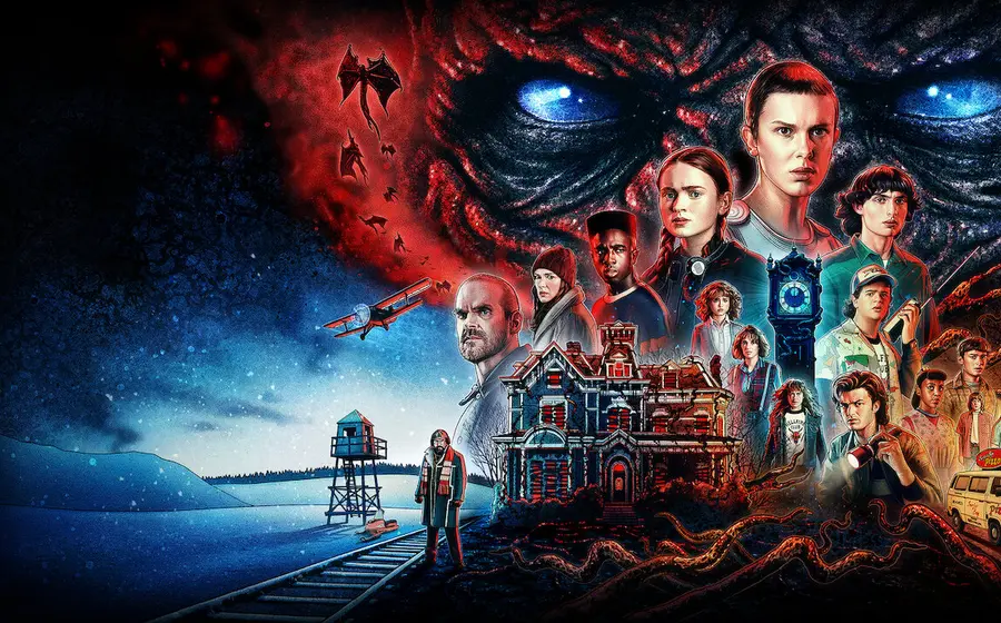 Imagen promocional de la última temporada de la serie Stranger Things, con el elenco principal, anunciando su próximo estreno en salas de cine.