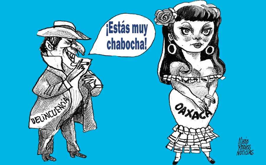 Caricatura política del artista Mario Robles que critica el uso del folclorismo como una distracción ante la omisión de problemas sociales.