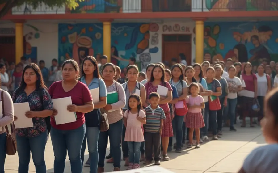 Una madre de familia llena los documentos de preinscripción en un aula escolar, iniciando el proceso para asegurar un lugar para el próximo ciclo.