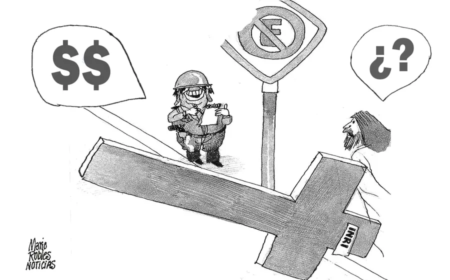 Caricatura política de Mario Robles que ilustra el debate sobre la Suprema Corte de Justicia y la aplicación de la ley en lengua tzeltal.