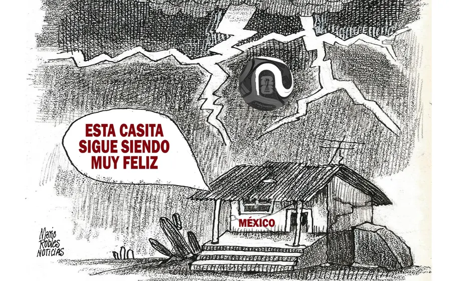Cartón de Mario Robles que ilustra el contraste entre la euforia del fútbol durante el Mundial y la olvidada realidad de la pobreza en México.