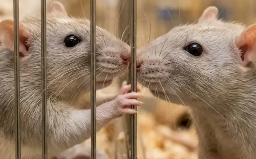 Dos ratas de laboratorio en una caja, ilustrando el hallazgo de un estudio sobre cómo responden al estrés ajeno sin compasión.