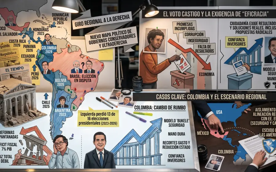 Imagen conceptual que ilustra el dilema político entre un giro a la derecha y la exigencia ciudadana de una 'eficracia' gubernamental eficiente.
