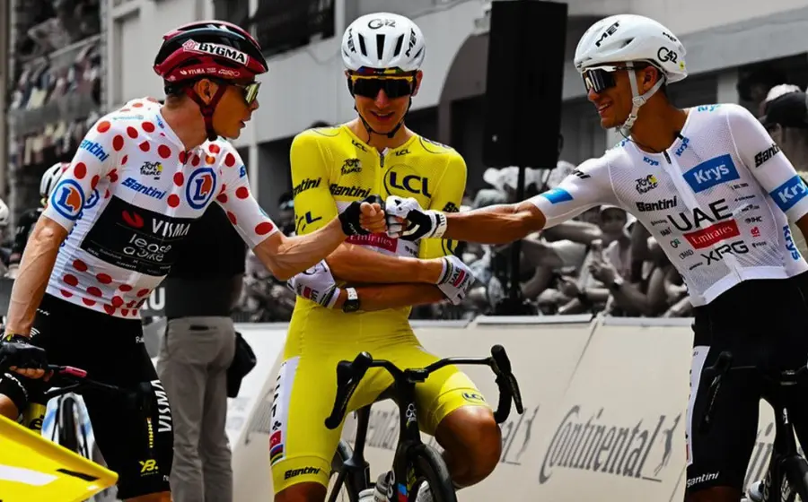 El ciclista mexicano Isaac del Toro posa para una fotografía junto a las estrellas del ciclismo mundial Tadej Pogačar y Jonas Vingegaard.