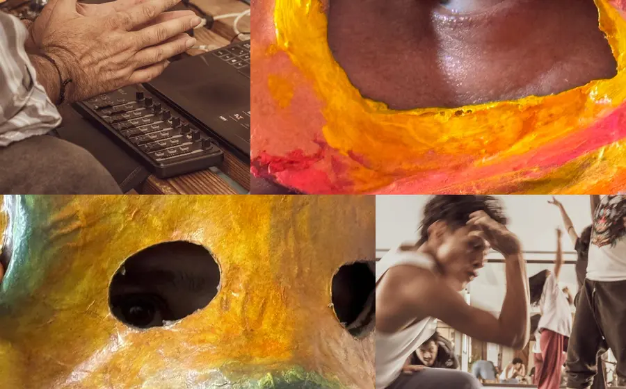 Artistas con máscaras de animales míticos realizan una danza contemporánea en la obra sobre la cosmovisión zapoteca en el Teatro Macedonio Alcalá.