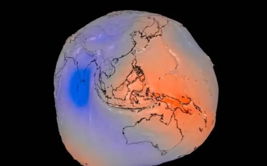 Ilustración del geoide terrestre, cuya forma irregular similar a una papa ha sido exagerada miles de veces para hacerla visible al ojo humano.