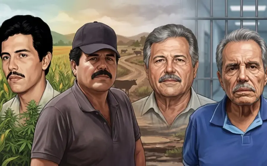 Ilustración que muestra la trayectoria de Ismael 'El Mayo' Zambada a través de cuatro retratos, desde su juventud rural hasta un escenario de encierro.