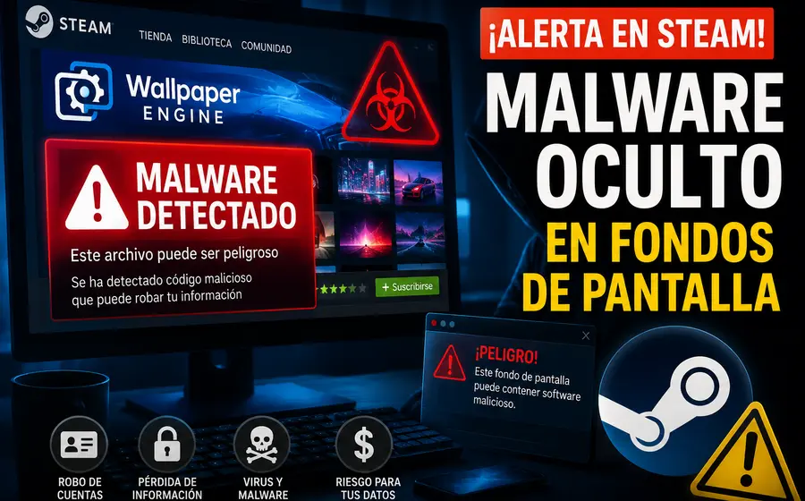 Ilustración conceptual del malware descubierto oculto dentro de un fondo de pantalla animado en la plataforma de videojuegos Steam, representando una alerta de seguridad.