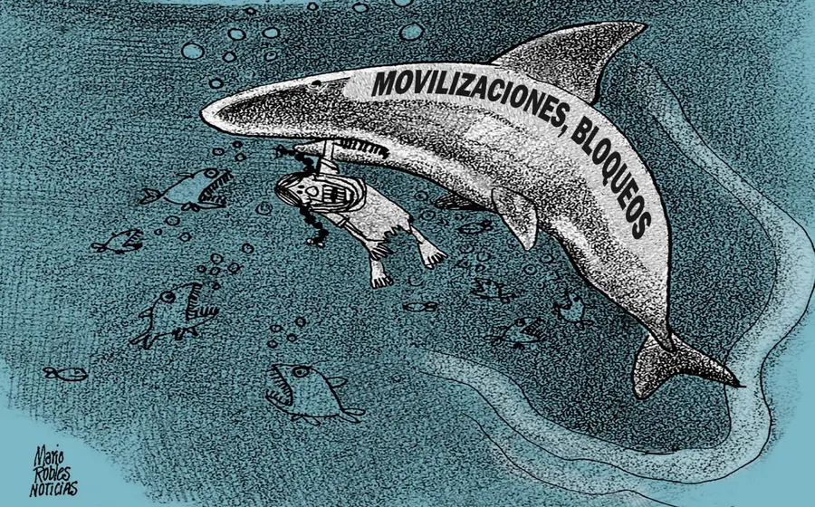 Caricatura política de Mario Robles que ilustra el costo social de las movilizaciones y el conflicto que mantiene a Oaxaca como rehén.