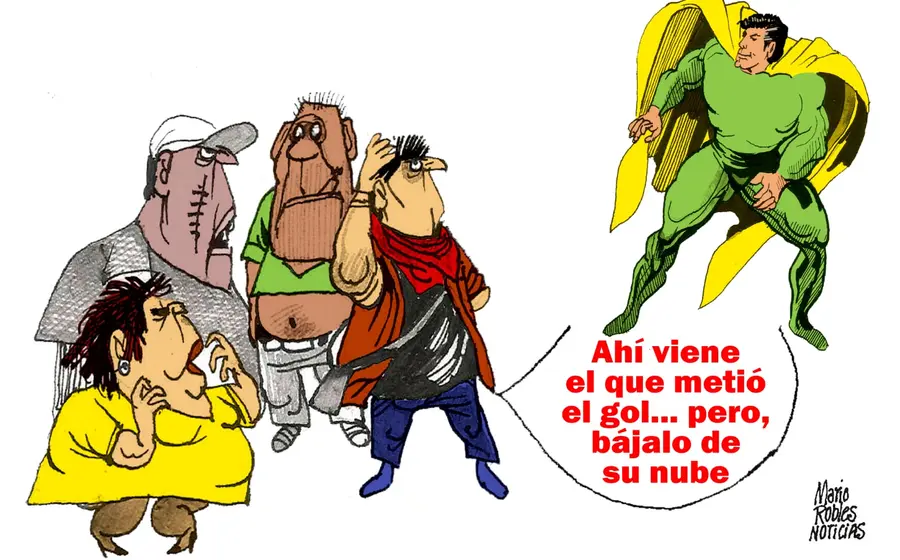Cartón político del artista Mario Robles que ilustra la tensión entre la política tradicional y la promesa de un cambio en Oaxaca.