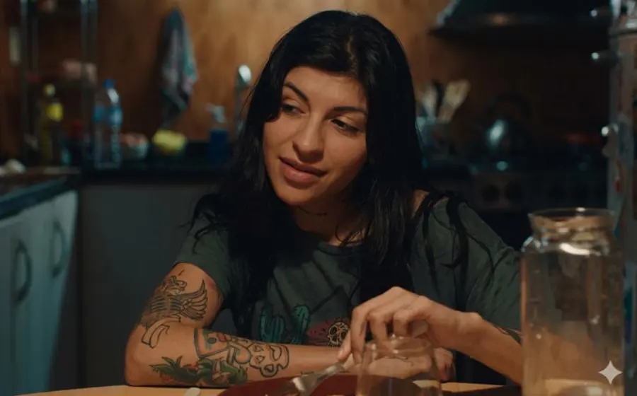 La cantante Cazzu en su debut actoral, interpretando al personaje de Sara, una madre trabajadora, en la película 'Risa y la cabina del viento'.