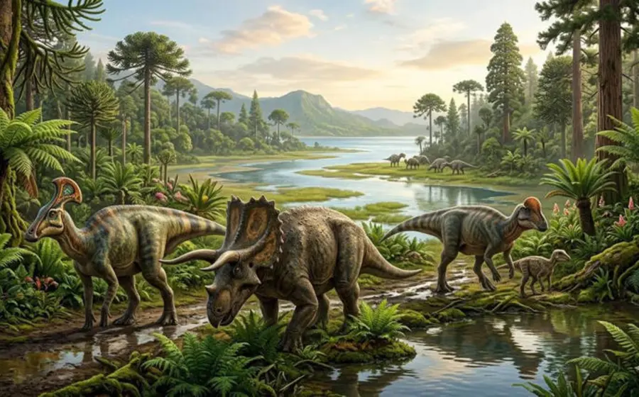 Ilustración creada por inteligencia artificial que muestra cómo era Coahuila con dinosaurios como el Tlatolophus galorum y el Coahuilaceratops magnacuerna.