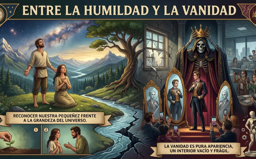 Una persona se mira fijamente a un espejo, absorta en su propio reflejo, como una ilustración conceptual del tema de la vanidad.