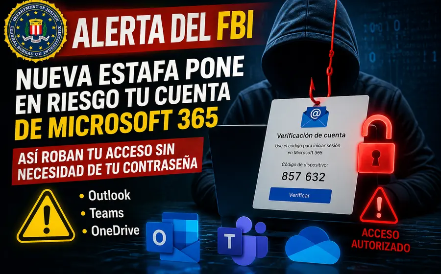 Ilustración conceptual del ciberataque a Microsoft 365, donde una nueva estafa casi indetectable está robando las cuentas de Outlook, Teams y OneDrive.