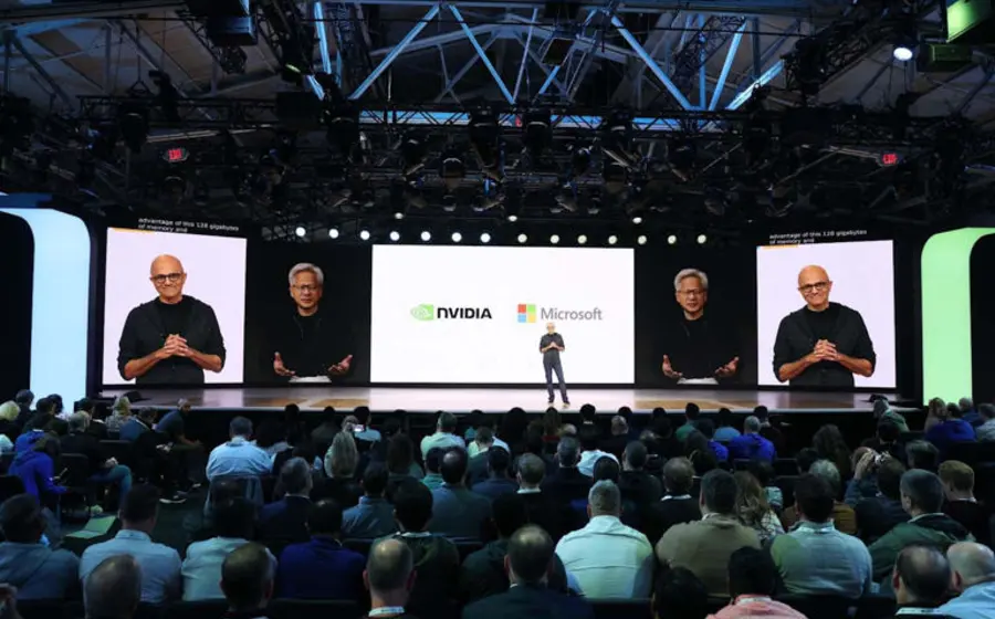 Concepto visual de la alianza entre Microsoft y NVIDIA para unificar la inteligencia artificial en la nube y PC, creando sistemas autónomos.