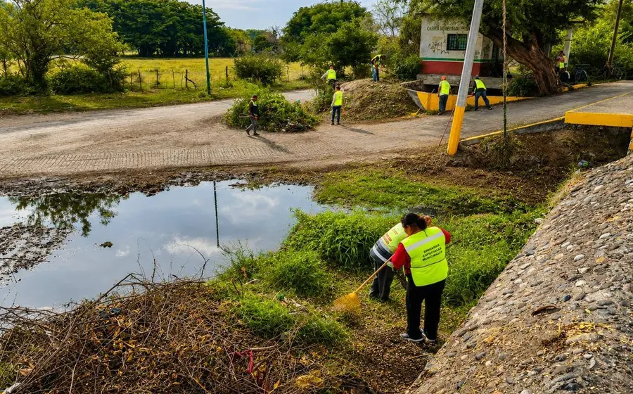 Personal realiza labores de desazolve, retirando basura y maleza de los drenes en zonas de alto riesgo de Juchitán para prevenir inundaciones.