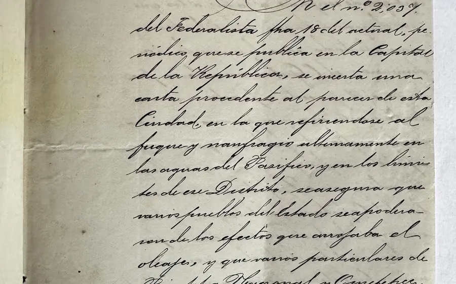 Fotografía del documento histórico, Oficio No. 271, que detalla el saqueo ocurrido tras el naufragio del barco City of San Francisco.