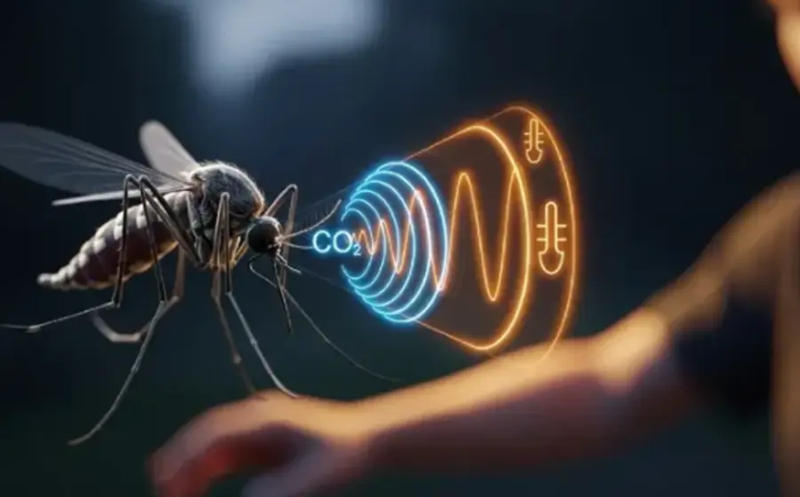 Ilustración que detalla el patrón de caza de un mosquito, el cual es atraído por el dióxido de carbono de la respiración humana.