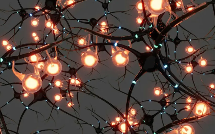 Ilustración científica de un sistema biológico que crea puentes para reparar la comunicación entre neuronas en el cerebro humano.
